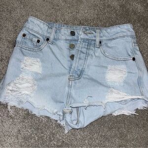 High-Rise Light Wash Distressed Denim Shorts